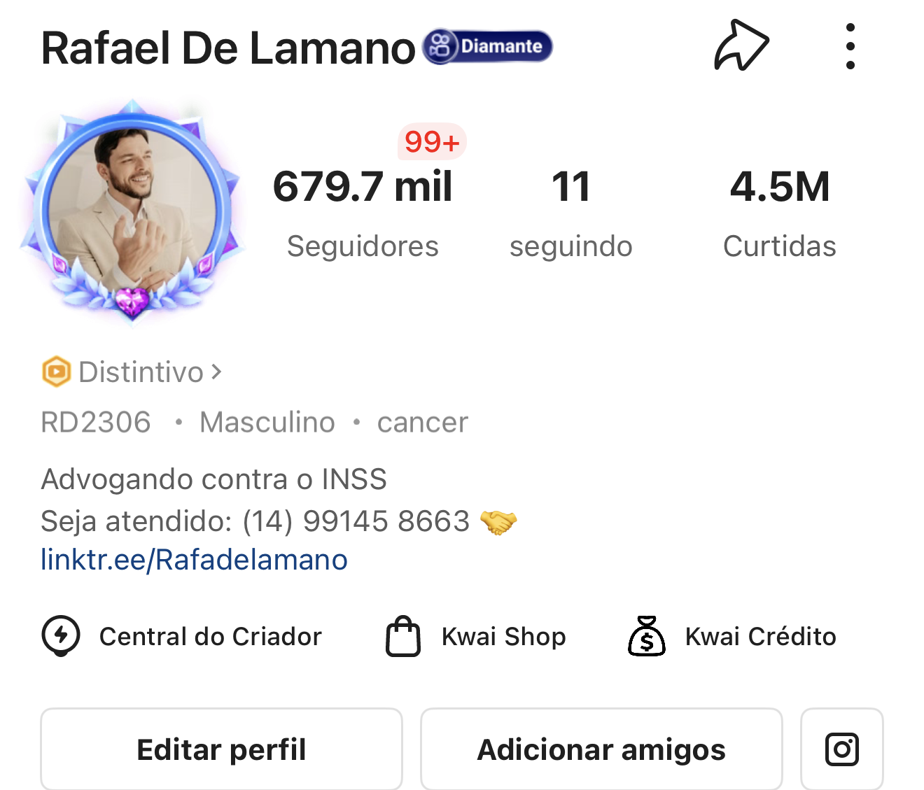 Print do perfil no Kwai com 679 mil seguidores